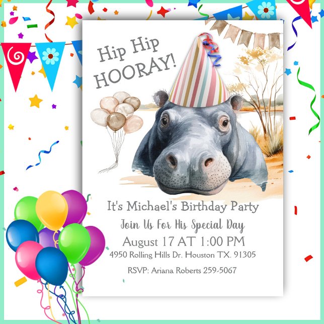 Hip Hip Hooray Hippo Birthday Einladung (Von Creator hochgeladen)