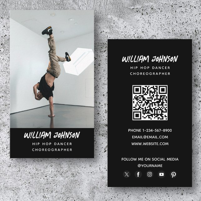 Hip Hop Dancer Modernes Foto Social Media QR Code Visitenkarte (Hip Hop Dancer Modern Photo Social Media QR Code Business Card)