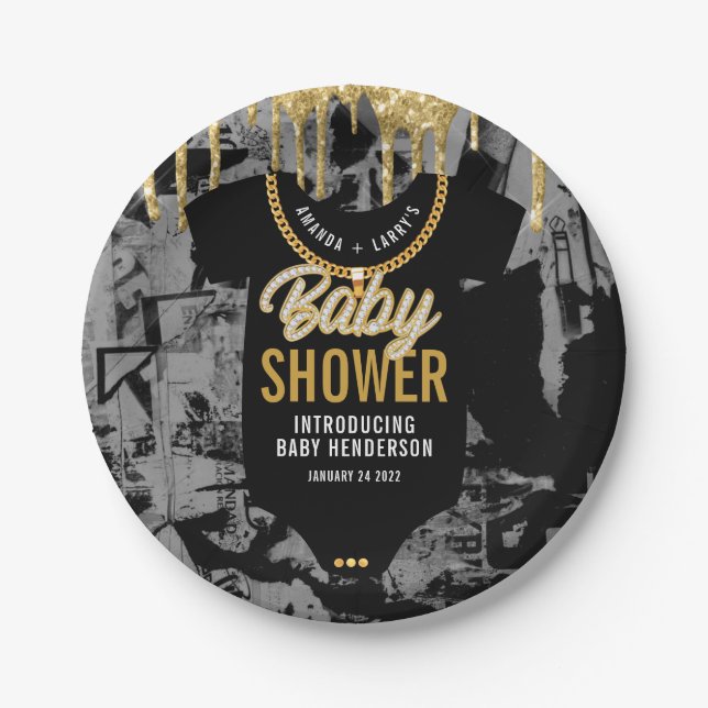 Hip Hop Gold Chain Baby Shower Paper Plate Pappteller (Vorderseite)