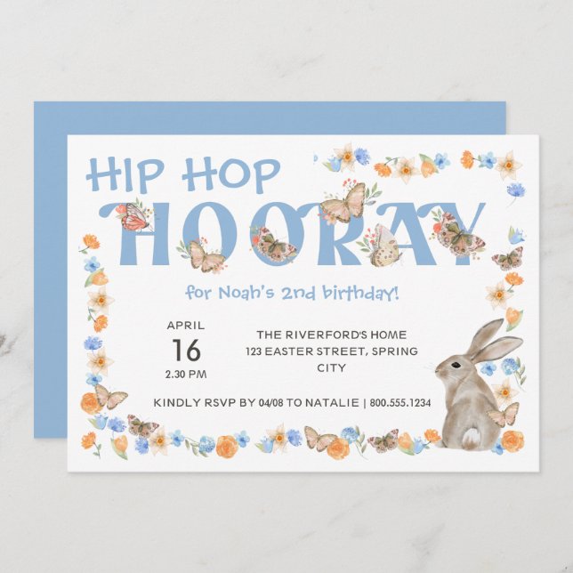 Hip Hop Hooray Bunny and Butterfly Boy's Birthday Einladung (Vorne/Hinten)