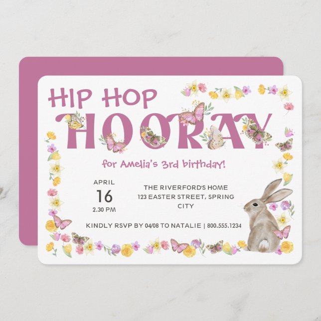 Hip Hop Hooray Girl's Birthday Bunny and Butterfly Einladung (Vorne/Hinten)