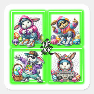 Hip Hop Oster Bunny Buddies, Musik, Neon Green Quadratischer Aufkleber