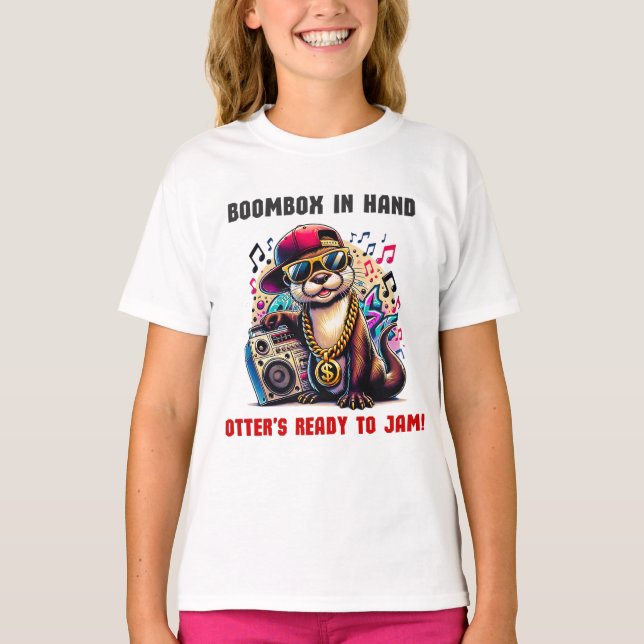 Hip Hop Otter mit Boombox und Music Vibes T-Shirt (Vorderseite)