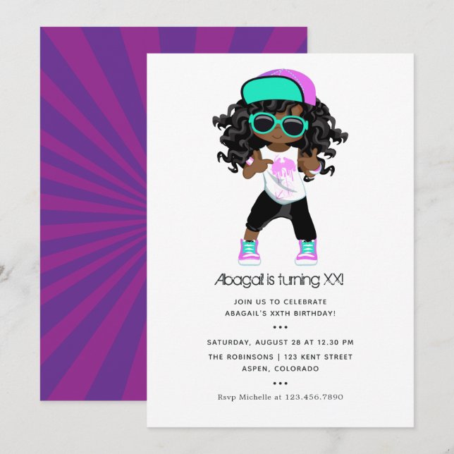 Hip Hop-Thema Mädchen Geburtstag Einladung (Vorne/Hinten)