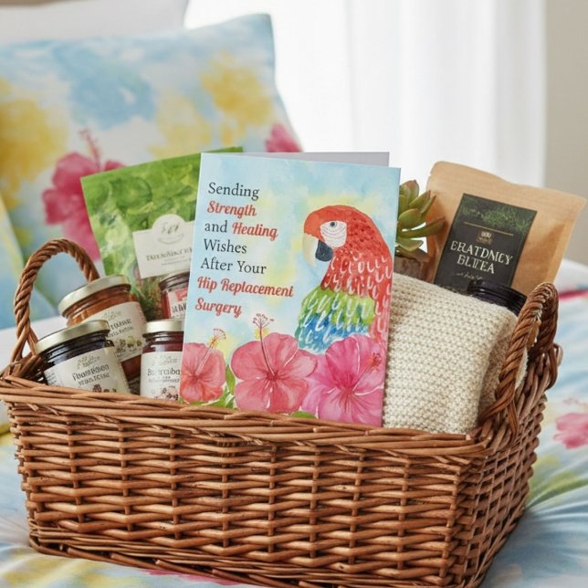 Hip Replacement Healing Scarlet Macaws, Hibiscus Karte (Von Creator hochgeladen)