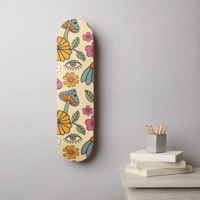 Hippie 70er Floral Mushroom Boho Floral Eye Muster Skateboard (Wandkunst)