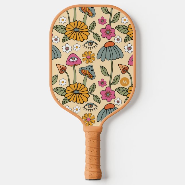 Hippie 70er Floral Pilz Boho Blumenaugen & Name Pickleball Schläger (Vorderseite)