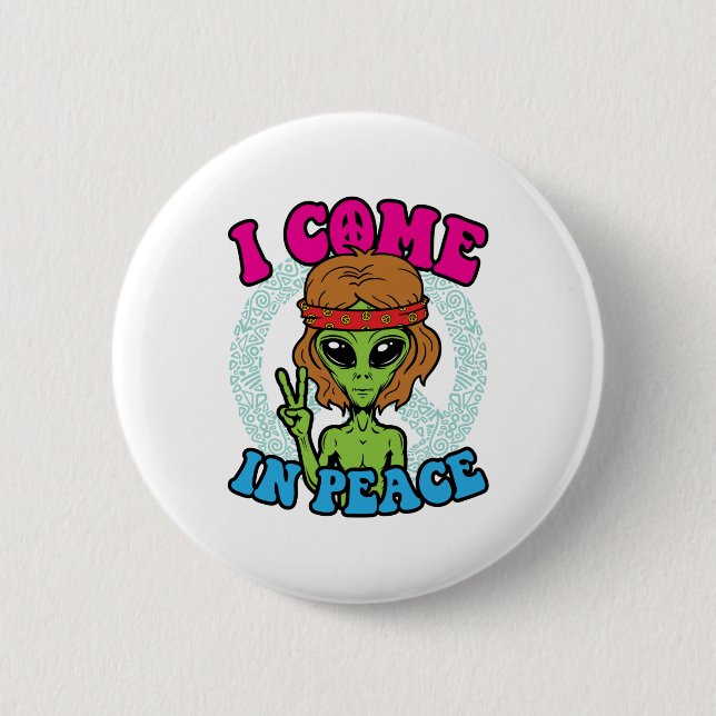 Hippie Alien I Come to Peace Trippy Peace Sign Button (Vorderseite)