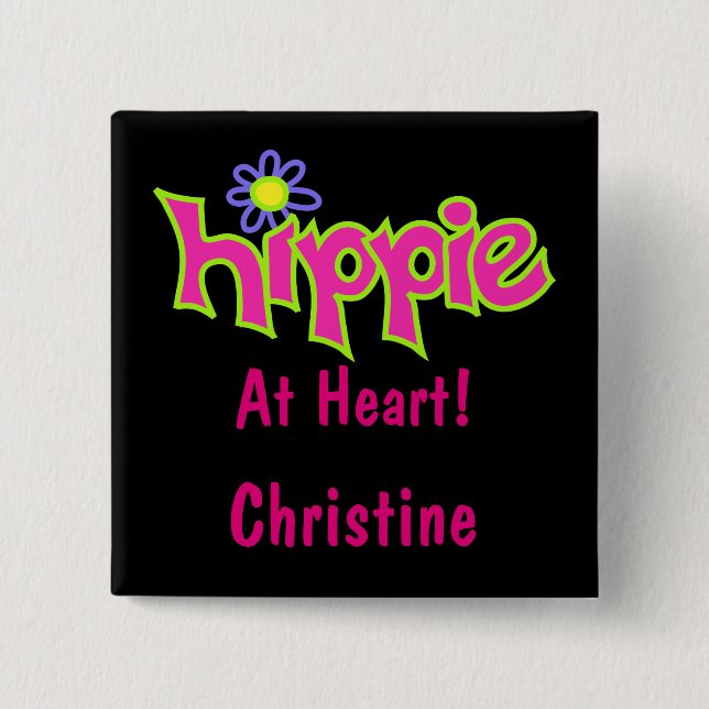 Hippie bei Heart Hot Pink Art Black Name Abzeichen Button (Vorderseite)
