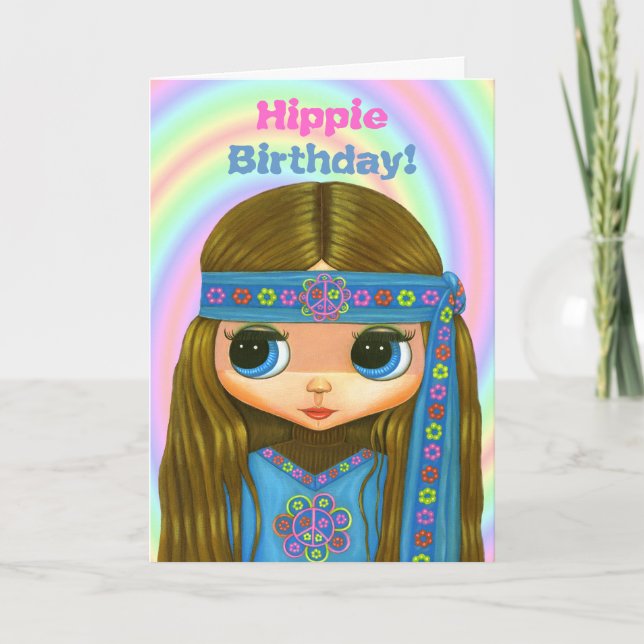 Hippie Birthday! Niedlich Blue Hippie Girl Doll Ca Karte (Vorderseite)