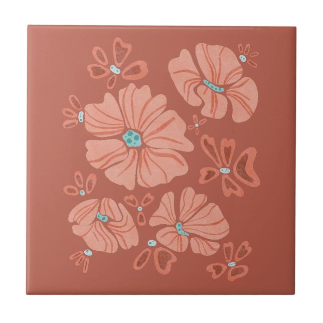 Hippie Blooms: Abstract Red Flower Power Artwork Fliese (Vorderseite)
