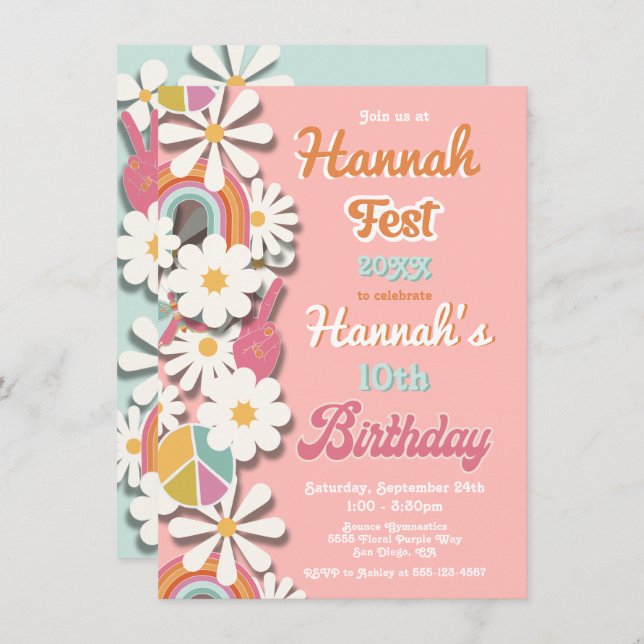 Hippie Blume Power 70er 60er Birthday Party Einladung (Vorne/Hinten)