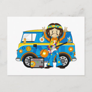 Hippie Boy mit Gitarre und Camper Van Postkarte