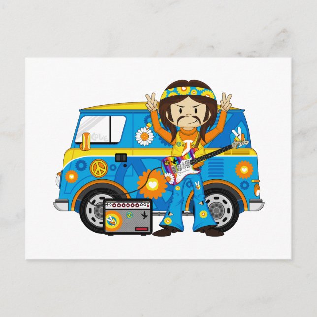Hippie Boy mit Gitarre und Camper Van Postkarte (Vorderseite)