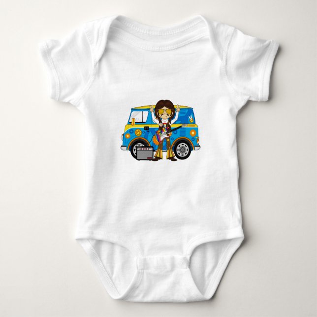 Hippie Boy mit Guitar & Camper Van Baby Strampler (Vorderseite)