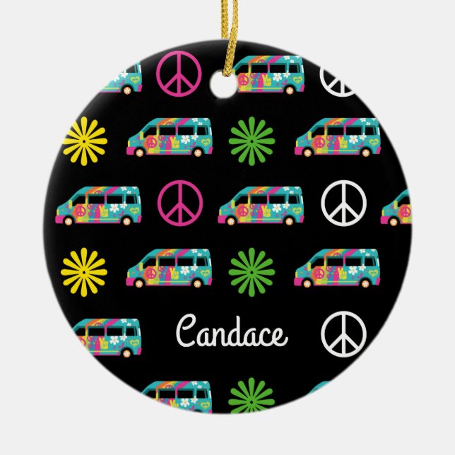 Hippie Bus Peace Sign 70er Keramik Ornament (Vorne)