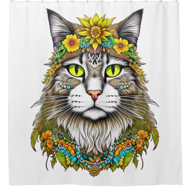 Hippie Cat Duschvorhang (Vorderseite)