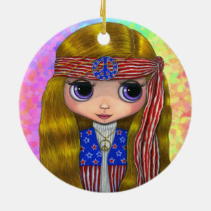 Hippie Chick in US Flagge - Friedenszeichen Niedli Keramik Ornament