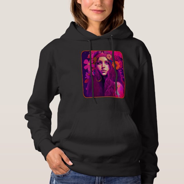 Hippie Child In Pink With Flowers In Her Hair Retr Hoodie (Vorderseite)