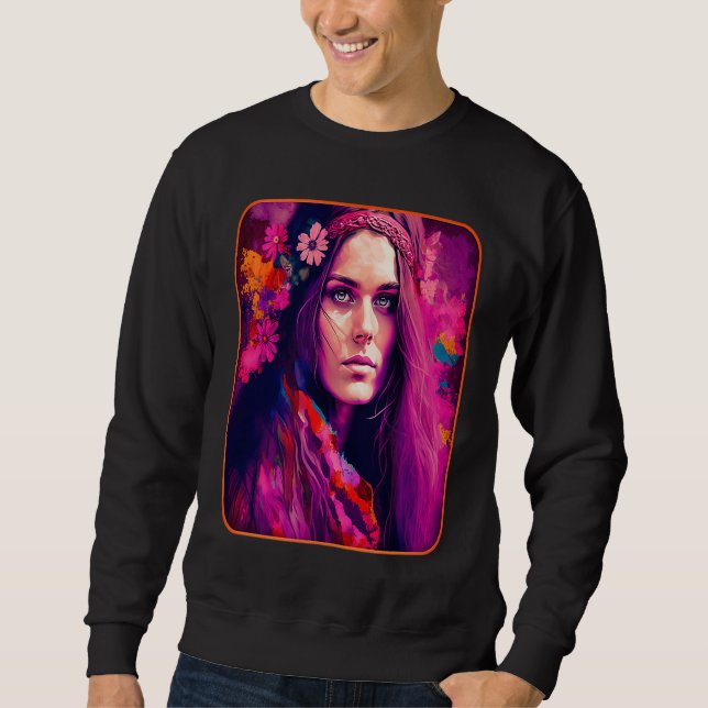 Hippie Child In Pink With Flowers In Her Hair Retr Sweatshirt (Vorderseite)