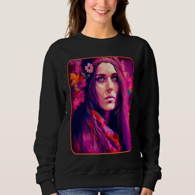 Hippie Child In Pink With Flowers In Her Hair Retr Sweatshirt (Vorderseite)