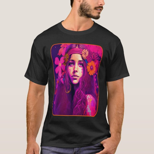 Hippie Child In Pink With Flowers In Her Hair Retr T-Shirt (Vorderseite)