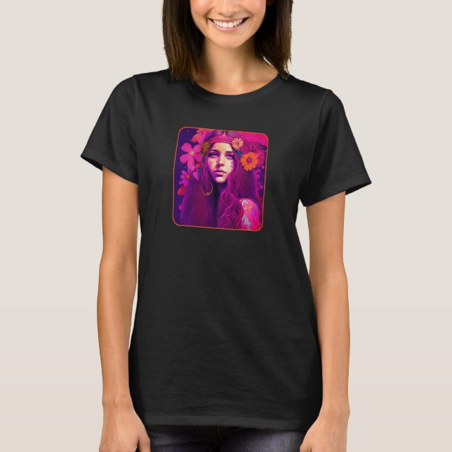 Hippie Child In Pink With Flowers In Her Hair Retr T-Shirt (Vorderseite)