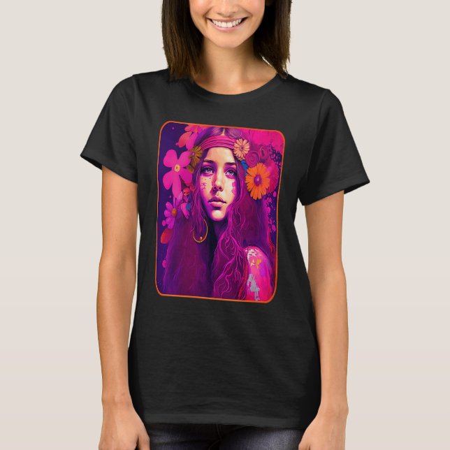 Hippie Child In Pink With Flowers In Her Hair Retr T-Shirt (Vorderseite)