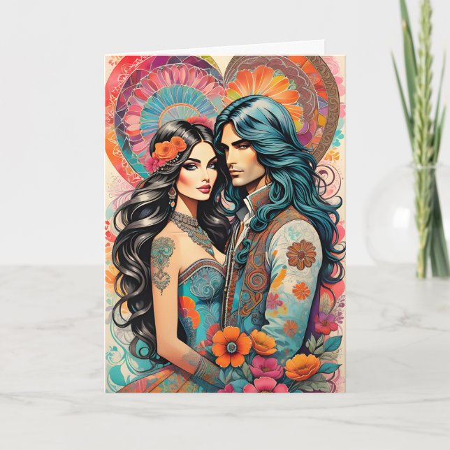 Hippie Couple mit psychedelischem Herzen Ankündigung (Vorderseite)