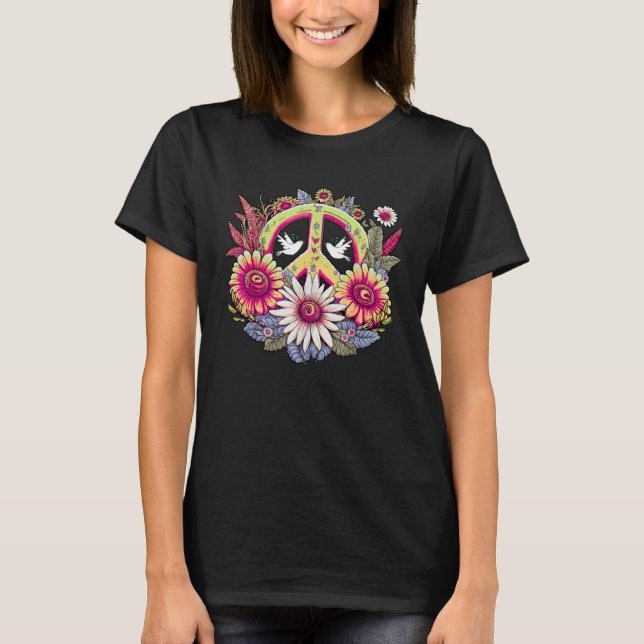 Hippie-Daisy-Friedenszeichen Retro-Blume Sonnenblu T-Shirt (Vorderseite)