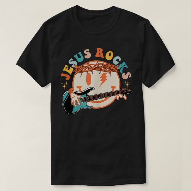 Hippie Face Jesus Rocks Faith Christlich Faith Fun T-Shirt (Design vorne)