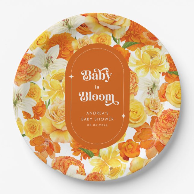 Hippie Floral Groovy Baby in Bloom Baby Shower Pappteller (Vorderseite)