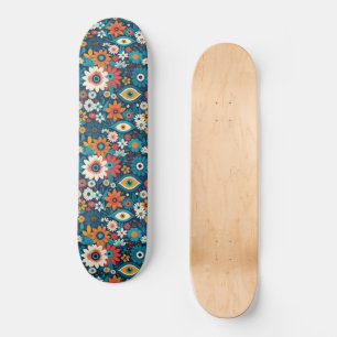 Hippie Floral mit mystischen Augen Blues & Orange Skateboard