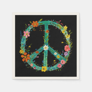 Hippie Floral Peace Sign On The Black Background Serviette