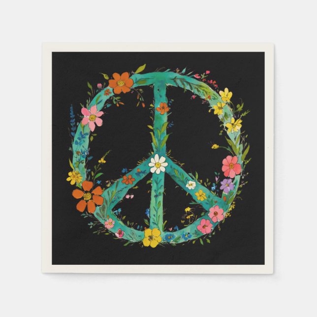 Hippie Floral Peace Sign On The Black Background Serviette (Vorderseite)