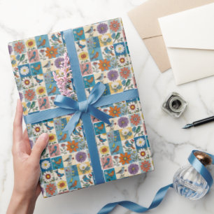 Hippie Folk Art Floral Patchwork mit Vögeln Geschenkpapier