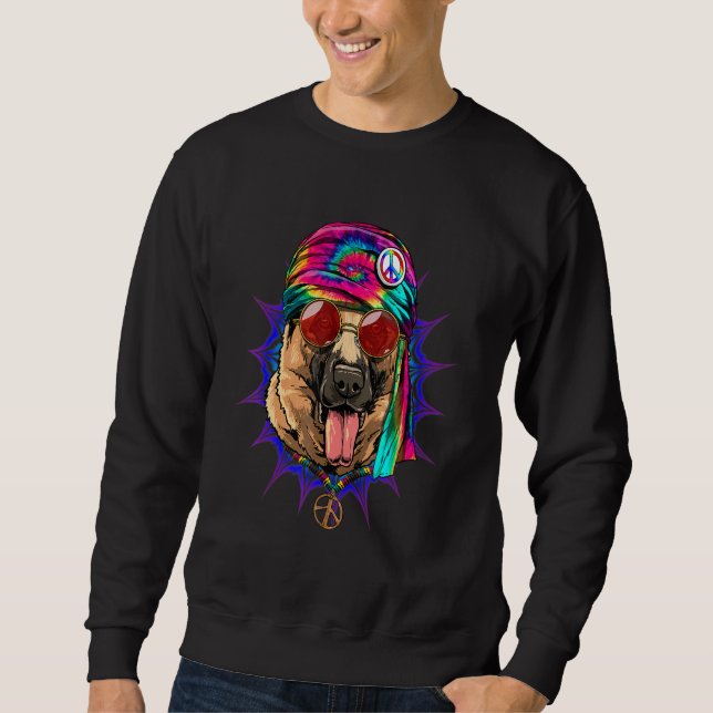 Hippie German Shepherd Tie Dye Peace Sign Psychede Sweatshirt (Vorderseite)