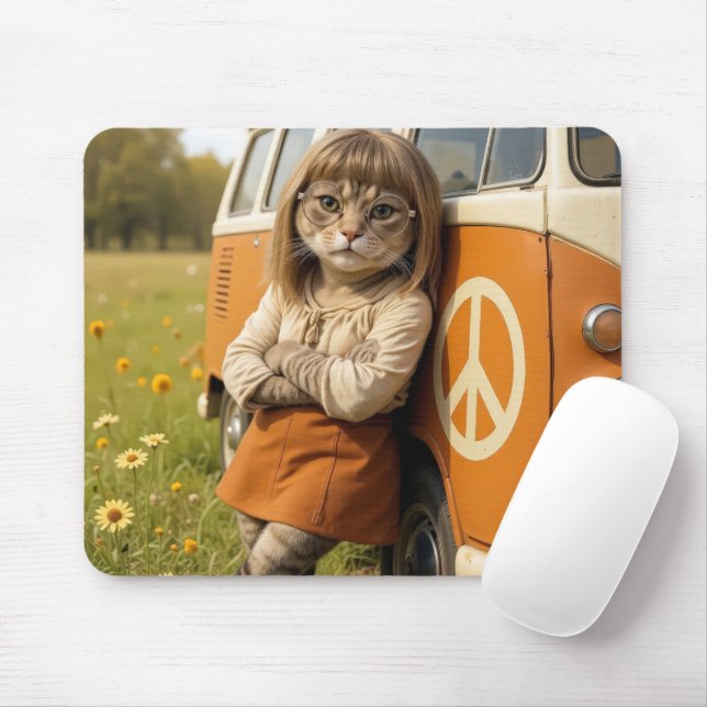 Hippie Girl Cat Leaning on a Retro Van Mousepad (Mit Mouse)