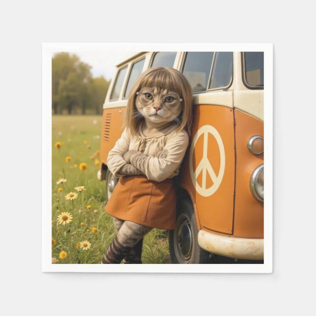 Hippie Girl Cat Leaning on a Retro Van Serviette (Vorderseite)