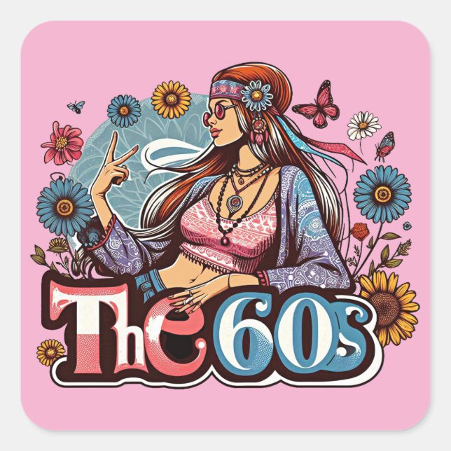 Hippie Girl Cick Peace signiert Finger Kunst Quadratischer Aufkleber (Vorderseite)