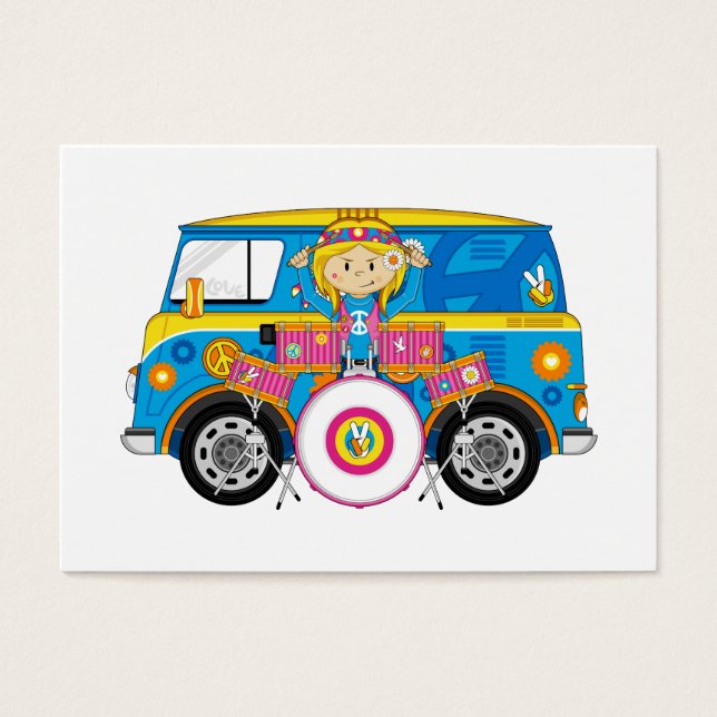 Hippie Girl mit Trommeln und Camper Van (Vorderseite)