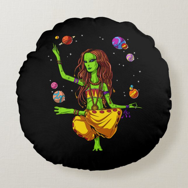 Hippie Girl Space Alien Zen Yoga Meditation Rundes Kissen (Vorderseite)