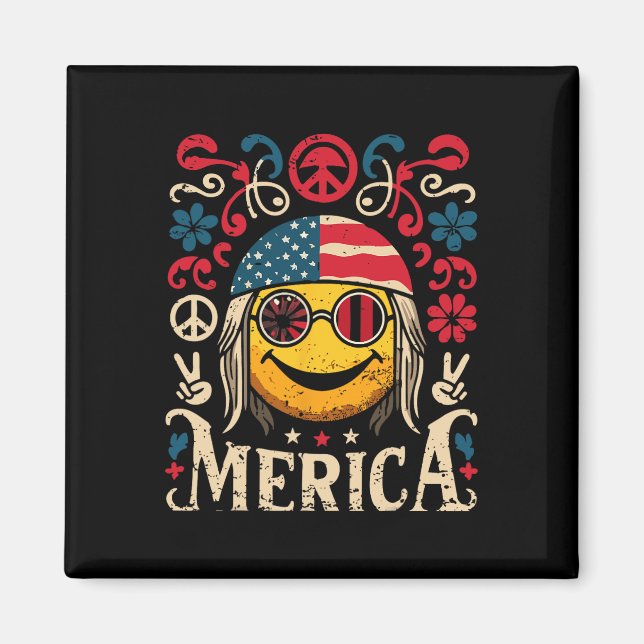 Hippie Groovy Face 4. Juli US Flag Groovy Deco m Magnet (Vorne)