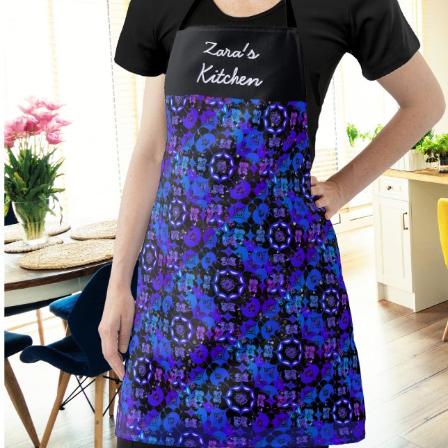 Hippie Groovy Pattern Blau Lila Personalisiert Schürze (An apron in boho hippie style with pattern in blue, purple, black and white with fade effects)