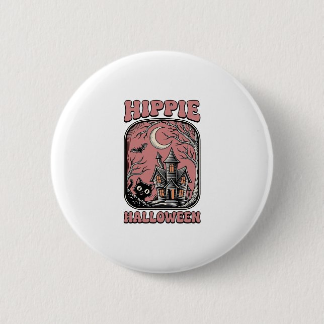 Hippie Halloween Katze Spukhaus Vintage Design_ Button (Vorderseite)
