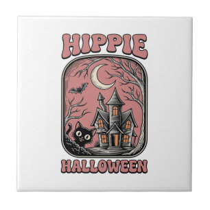 Hippie Halloween Katze Spukhaus Vintage Design_ Fliese