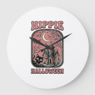 Hippie Halloween Katze Spukhaus Vintage Design_ Große Wanduhr