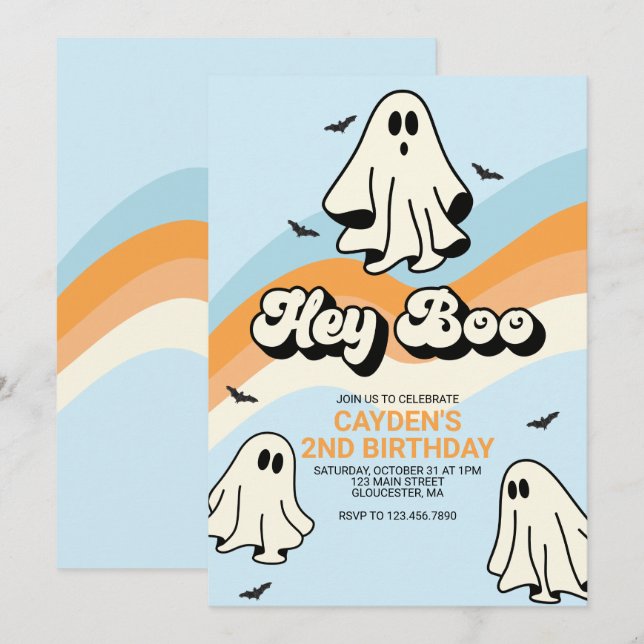 Hippie Halloween Retro Ghost Hey Boo blau Einladung (Vorne/Hinten)