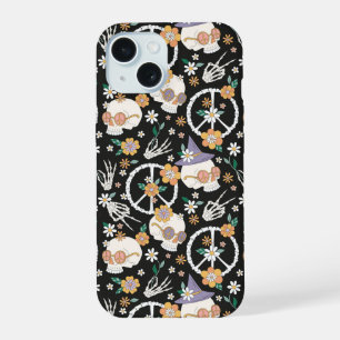 Hippie-Halloween-Totenköpfe und Blumenmuster iPhone 15 Hülle