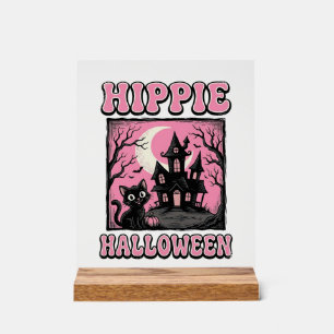 Hippie Halloween Vintage Spukhaus Katze Shirt_1 Acrylschild